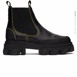 Ganni Black Chunky Sole Boots with Yellow Stitching